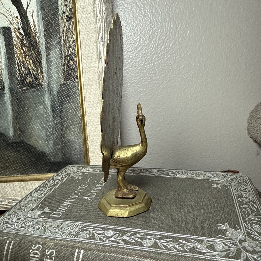 VTG Brass Peacock Figurine Enamel Tail India 4.5” MCM Hollywood Regency Decor - Picture 4 of 8